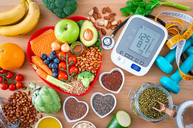 Food in heart shaped bowls and BP reader