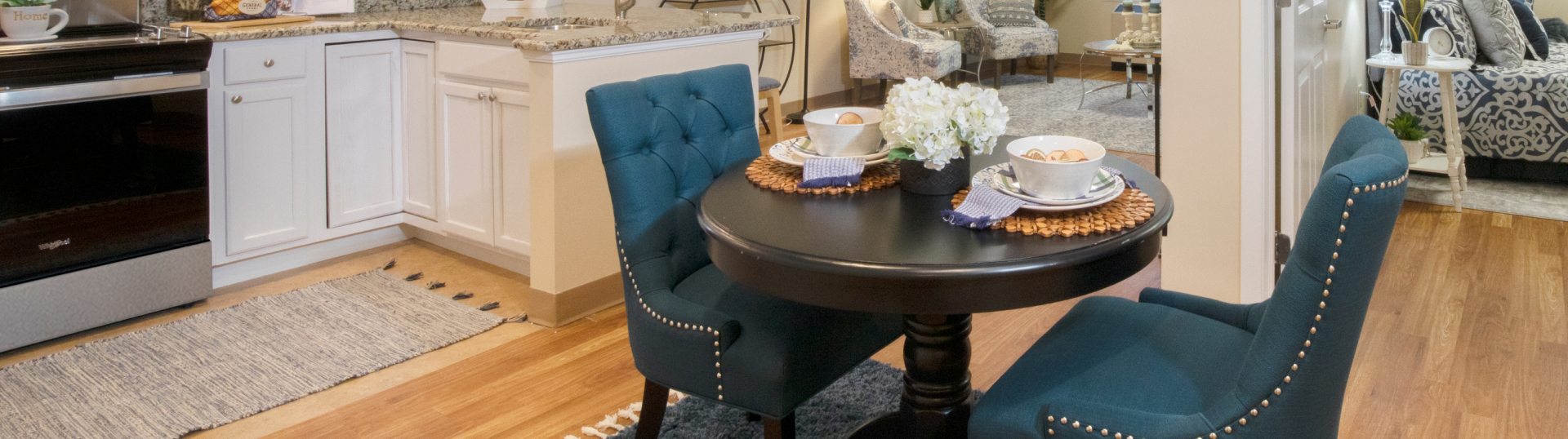 dining table with flowers & food