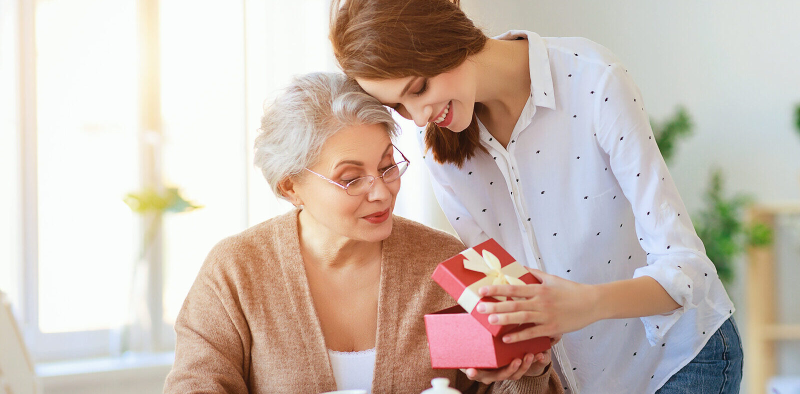 adult daughter gifting a present to her elderly mother