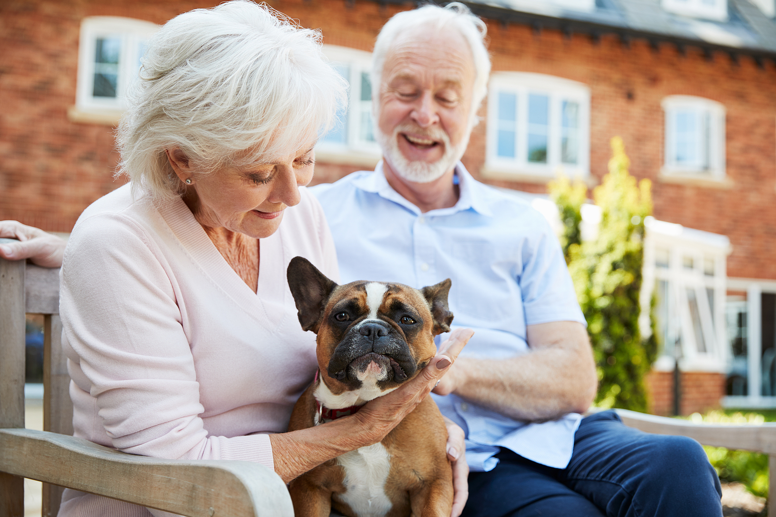 A senior couple sit on a bench outside and pet their small white and brown dog.