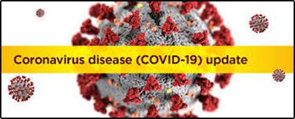 A visual representation of a virus with text overlay of Coronavirus disease covid-19 update